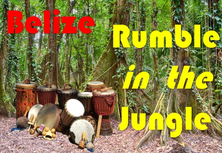 A group of people playing drums in the jungle.